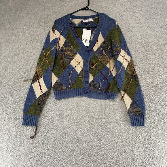 Zara Sweaters - Zara Cardigan Sweater Womens Large Blue Argyle Button Front Patchwork Grandpa